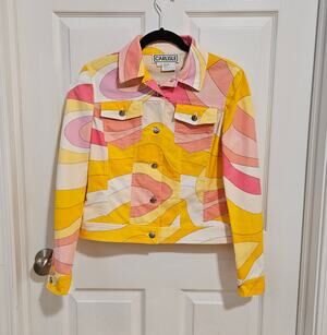 Carlisle Vintage Mod Swirl Print Stretch Denim Jacket 4 Pink Yellow Pucci Vibe